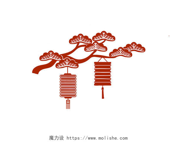 中国风松树灯笼元宵节剪纸节日花灯大红灯笼PNG素材
